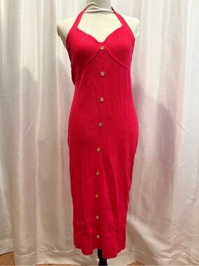 VENUS Hot Pink Halter Button-Front body-Con Midi Dress